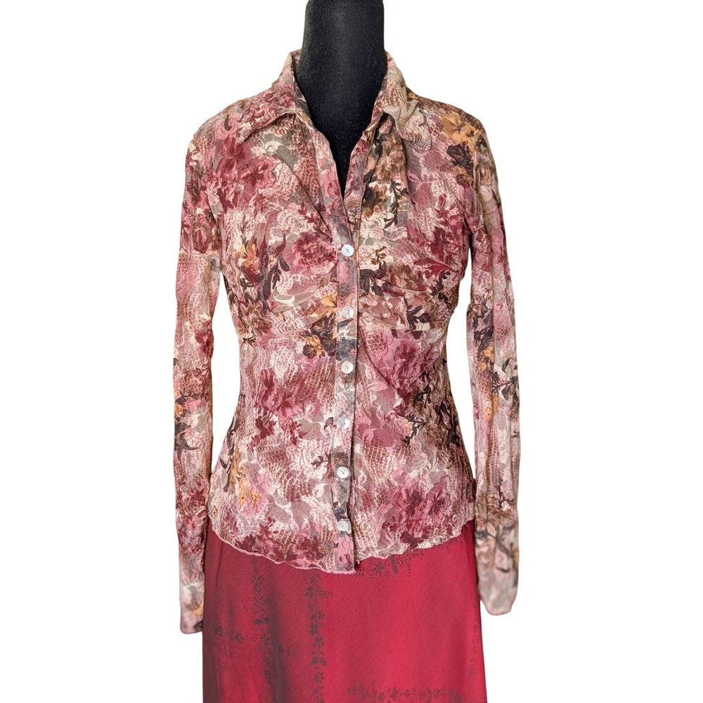 La City Vintage Y2K French Dark Floral Sheer Lace Earthy Button Up Blouse